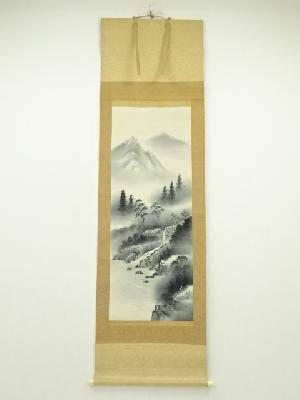 関山筆　水墨山水　肉筆絹本掛軸